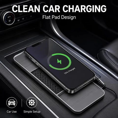 Wireless Charging Pad For Chevy Bolt EV Camaro Trax, 20W Fast Phone Charger Mat in flat dash design with smartphone charging.