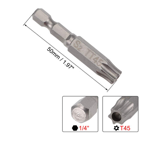 Magnetic T45 Torx Screwdriver Bits Set One Quarter Inch Hex Shank Two Inch Length S2 Steel Pro Grade Heavy Duty Tamper Proof