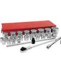 Rock Solid 1 Inch Drive SAE Socket Set 28 Piece Mechanics Ratchet Set built with drop forged hardened chrome vanadium steel in metal box.