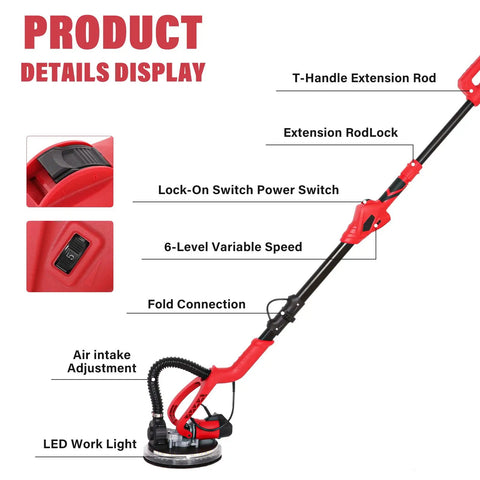 Diagram of Beast 750W Drywall Sander With Vacuum And LED Light Six Variable Speeds showing handle, controls, and LED work light.
