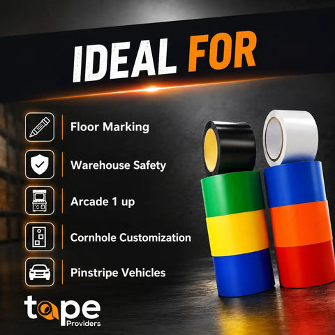 Colorful tape rolls for floor marking and vehicle detailing, showcasing vinyl pinstriping tape 1 inch by 36 yards for cars boats and more