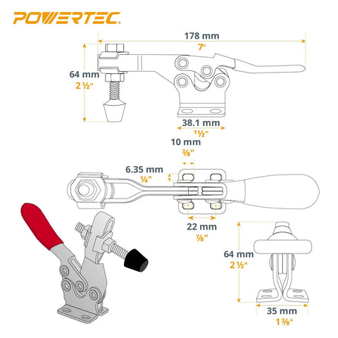 Heavy Duty Horizontal Toggle Clamp With 500 Lbs Quick Release Action And Anti Slip Rubber Pad For Woodworking Jigs, dimensions and design layout.