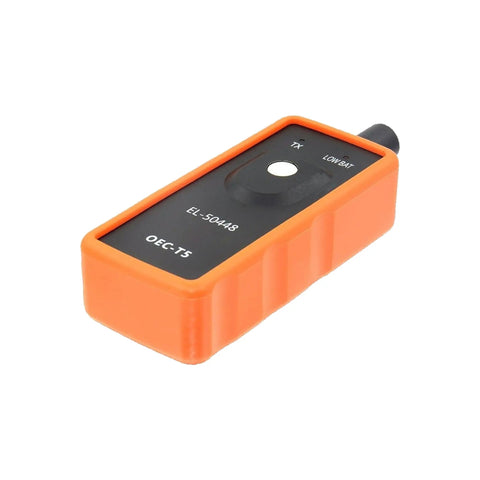 Heavy Duty Tpms Relearn Tool Oec-T5 For No Mess Automotive Tire Pressure Sensor Activation Reset And Dead Easy Programming Setup Fits Virtually Any Ride Orange shown from the side with buttons.