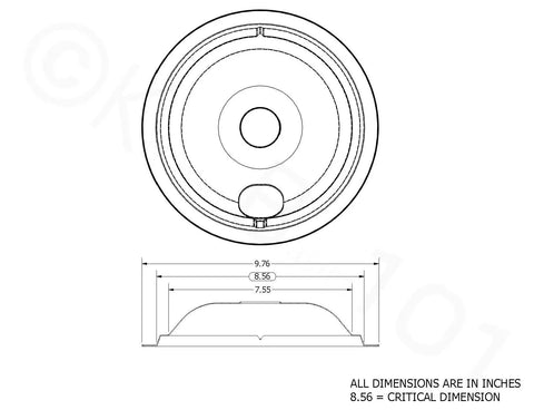 Technical drawing of Replacement Chrome Drip Pan Set For GE And Hotpoint Electric Ranges With Locking Slots, dimensions shown.