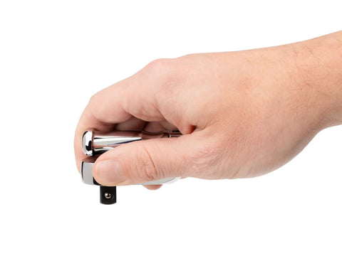Hand gripping Three Eighths Inch Drive Folding Quick Release Stubby Ratchet With Angled Handle And 180 Degree Non Locking Joint Range tool