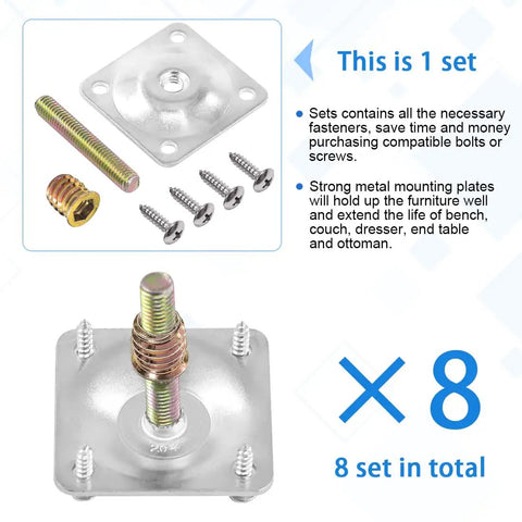 Rock Solid Silver Furniture Leg Mounting Plates Kit Includes 50mm Hanger Bolts M8 Insert Nuts And Screws for sturdy furniture support.