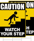 Watch Your Step Sign 12 By 9 Inch Double Sided Caution Sign Two Pack With Durable H Metal Stakes for outdoor use