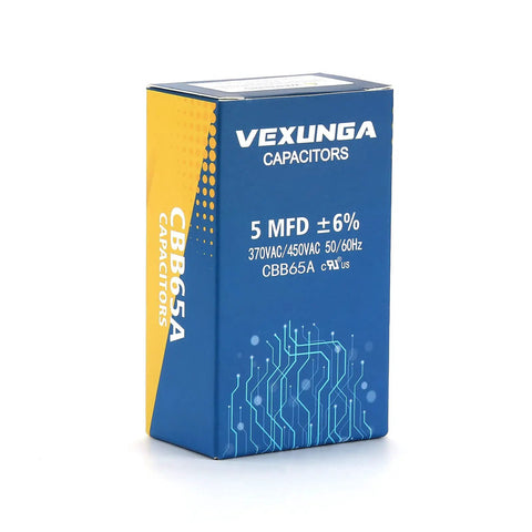 5uF Run Start Capacitor for HVAC Systems, 370/440VAC, 50/60Hz Oval CBB65A, 5 MFD Drop In Replacement for Air Conditioners, Pool Pumps, Fans and Condensers for Home or Commercial Use blue box