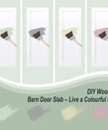 Image of four DIY wooden barn door slabs painted in different colors, featuring a paintbrush on each door.