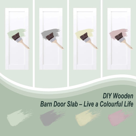 Image of four DIY wooden barn door slabs painted in different colors, featuring a paintbrush on each door.