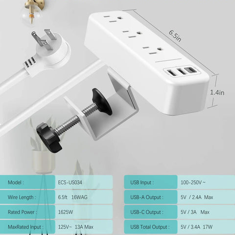 Clamp On Desk Power Strip With USB C Three Outlets Desktop Mount 6.5 Ft Extension Cord in White with measurements and specs