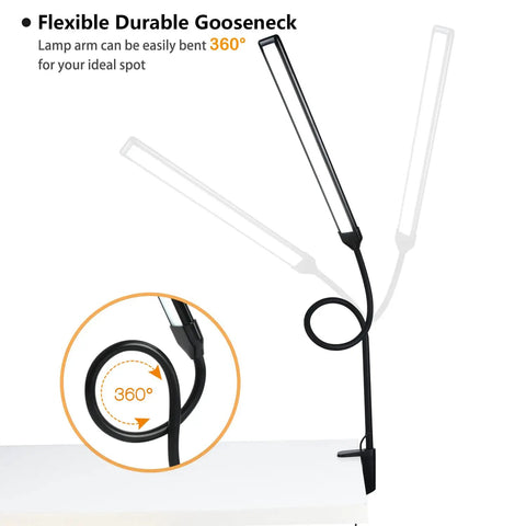 Lit LED Desk Lamp With Clamp, Tall Gooseneck Clip On Light showing flexible 360 degree arm over a desk edge.
