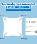 Diagram showing Beige 14x14 Sun Shade Sail Canopy for patio and backyard installation guidelines and hardware details.