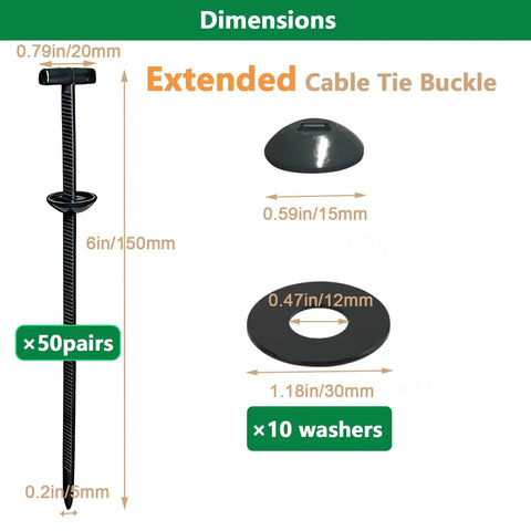 Heavy Duty Nylon Cable Tie Buckle Set 6 inch with washers, T-style automotive clips dimensions displayed.