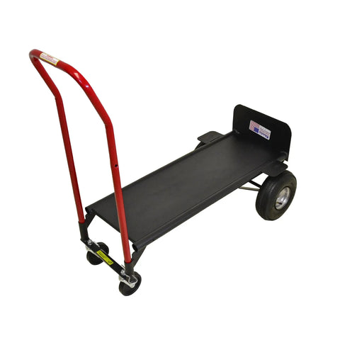 Heavy Duty Hand Truck Converts From Two Wheel To Four Wheel Platform With Solid Steel Deck Preventing Load Slippage