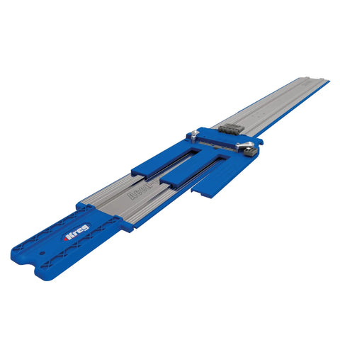 Premium Circular Saw Track Guide With Precision Track Clamps, 50 Inch Anti Splinter Rail with blue plastic handle for accurate cutting.