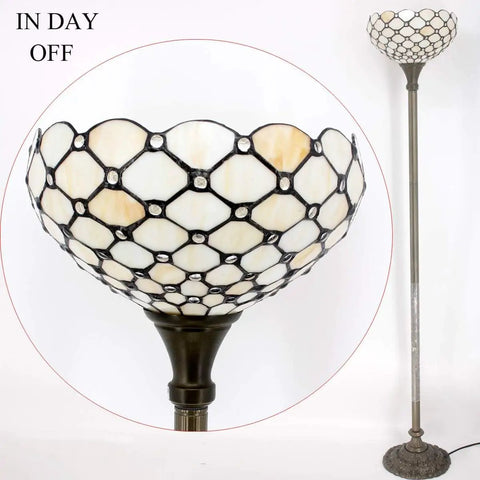 Cream Amber Tiffany Style Bead Glass Lampshade Replacement for Your Space Vibe on a floor lamp, close-up and full view, S005 Series