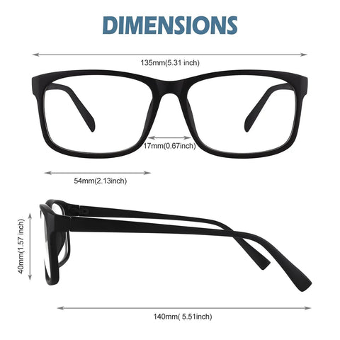Fake Glasses With Clear Lenses Non Prescription Retro Rectangular Frames UV400 Protection showing front and side dimensions for men and women