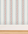 Top Shelf Vinyl Wallpaper Featuring Subtle Leather Grain And Eclectic Funky Patterns in blue and red design for offices.
