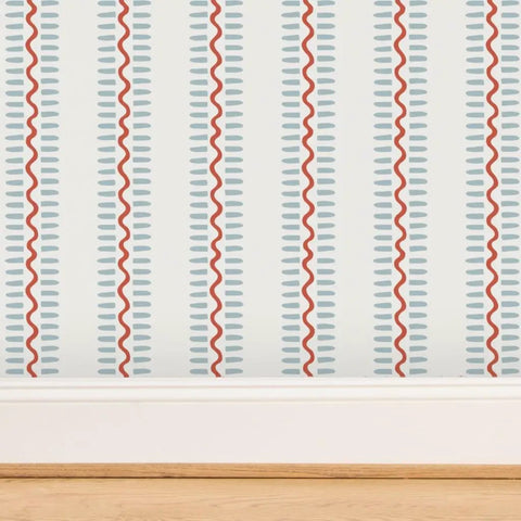 Top Shelf Vinyl Wallpaper Featuring Subtle Leather Grain And Eclectic Funky Patterns in blue and red design for offices.