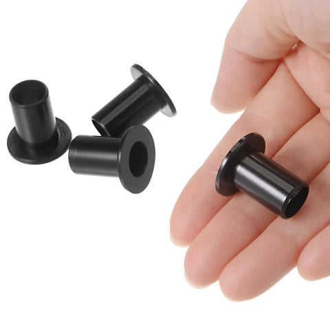 Four Pack Nylon Flanged Sleeve Bearings With 10.1 Mm Bore And 12 Mm Outer Diameter held in hand, showing black nylon material.
