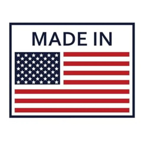 American flag with text "Made In" symbolizing U.S. manufacturing.