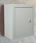 Front view of Weatherproof Outdoor Electrical Junction Box With Beefy Rugged Iron Enclosure And Mounting Plate Dustproof And Waterproof Exterior Panel Box for Cable Protection Durable Outdoor Electronics Housing mounted on wall.