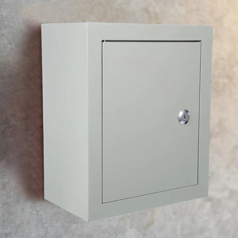 Front view of Weatherproof Outdoor Electrical Junction Box With Beefy Rugged Iron Enclosure And Mounting Plate Dustproof And Waterproof Exterior Panel Box for Cable Protection Durable Outdoor Electronics Housing mounted on wall.