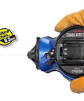 Person holding Chalk Line Pro Kit With Ultra Thin 0.5mm Snap Line And Five Gear Quick Retrieval In Chalk-Rite II Box Model CR202B-P.