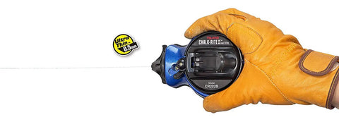 Person holding Chalk Line Pro Kit With Ultra Thin 0.5mm Snap Line And Five Gear Quick Retrieval In Chalk-Rite II Box Model CR202B-P.