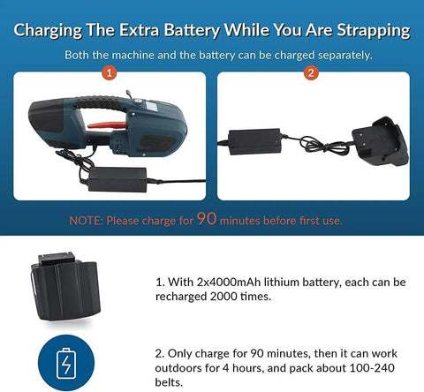 Automatic Hot Melt Electric Strapping Machine With Dual Power Batteries For Sealing Heavy Pp Pet Straps Up To 16Mm Wide with charger and battery.