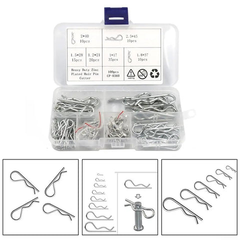 Must Have Heavy Duty 100 Pcs Carbon Steel Zinc Plated Hitch Pin Clip Set With Storage Box 6 Sizes From M1 To M2.5 in open case