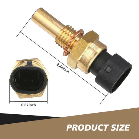 Car coolant temperature sensor, brass threaded body with black 2-pin plug, 2.24-inch long.