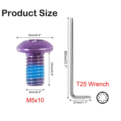 12 Pack Bicycle Disc Brake Bolts M5x10mm Stainless Steel Screws With T25 Wrench Purple Dope For MTB Rotor Hardware Rustproof And Strong Braking Performance, showing bolt dimensions and included wrench