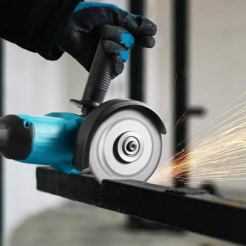 Hella Tough Corded Angle Grinder Designed For Badass Cutting Grinding And Polishing On Metal Wood Stone And Jade With Smooth Speed Control And Built In Cooling, cutting through steel with sparks.