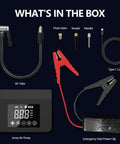 Beefy 4000A Jump Starter With Air Compressor accessories including air tube, power clips, and Type C cable displayed.