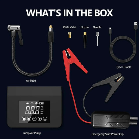 Beefy 4000A Jump Starter With Air Compressor accessories including air tube, power clips, and Type C cable displayed.