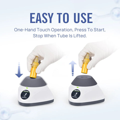 Mini Vortex Mixer 3500 RPM Touch Start No-Wobble Silicone Base 4.5 mm Orbit for mixing small tubes with one-hand operation.