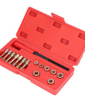 Ultimate 15-Piece Metric Thread Repair Kit With 7 Taps, 7 Dies And File For Fixing Stripped Nuts Bolts Screws Using Carbon Steel Hex Design Tools For Auto Or General Garage Work Right Now open red case with taps, dies and file