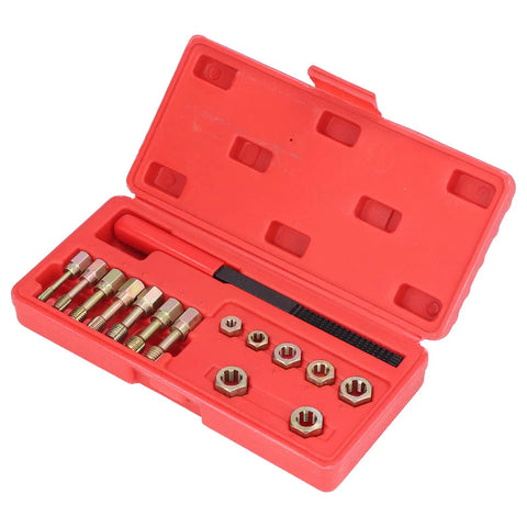 Ultimate 15-Piece Metric Thread Repair Kit With 7 Taps, 7 Dies And File For Fixing Stripped Nuts Bolts Screws Using Carbon Steel Hex Design Tools For Auto Or General Garage Work Right Now open red case with taps, dies and file