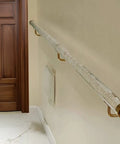 Hella Tough Clear Acrylic Railing One Point Six To Nineteen Point Seven Feet No Sweat Wall Mounted Non Slip Guard For Indoor And Outdoor Decks installed on a wall.
