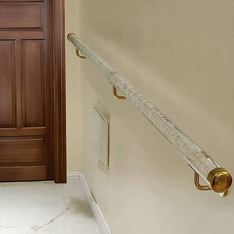 Hella Tough Clear Acrylic Railing One Point Six To Nineteen Point Seven Feet No Sweat Wall Mounted Non Slip Guard For Indoor And Outdoor Decks installed on a wall.