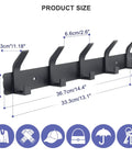 Heavy Duty Wall Mount Coat Rack With Five Hooks Per Unit Sturdy Metal Rail For Coats Hats Towels Purses Robes Black 2 Pack Double Hook Backplate Easy Hang Ideal Entryway Organizer front view with measurement details.