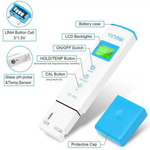All in One pH and TDS EC Meter for Hydroponics With Temp ATC 2nd Gen Water Quality Tester Horizontal Display close-up with features labeled