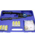 Pro Grade 13 Inch Nut And Thread Setting Hand Riveter Kit With Quick Toolless Mandrel Change Head in blue carrying case