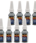 Eight bottles of Blue Medium Strength Thread Locker for Metal Fasteners 0.34 Oz, ideal for high vibration machinery, removable with hand tools.