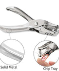 24 Pack Handheld One Hole Punches, No Fuss One Quarter Inch Six Millimeter Metal Paper Puncher, chip tray feature illustrated