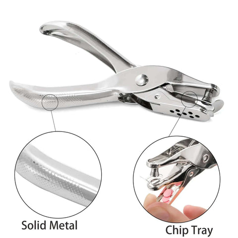 24 Pack Handheld One Hole Punches, No Fuss One Quarter Inch Six Millimeter Metal Paper Puncher, chip tray feature illustrated