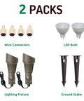 4W 12V Low Voltage Landscape Lights Kit Bronze Outdoor Spotlight Set Waterproof Replaceable LED Bulbs Flexible 160 Degree Knuckle Garden Lawn Porch Patio Yard Lighting 2 Pack showing wire connectors, LED bulbs, fixtures, and stakes