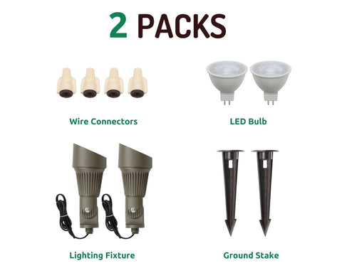 4W 12V Low Voltage Landscape Lights Kit Bronze Outdoor Spotlight Set Waterproof Replaceable LED Bulbs Flexible 160 Degree Knuckle Garden Lawn Porch Patio Yard Lighting 2 Pack showing wire connectors, LED bulbs, fixtures, and stakes